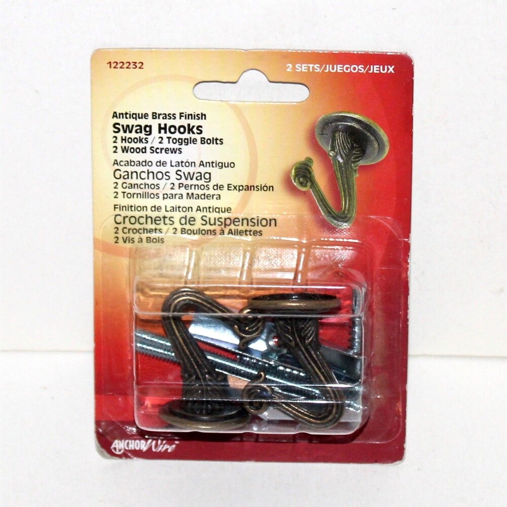 2 Swag Hooks set Antique Brass Finish Hillman NEW with hardware toggle bolts
